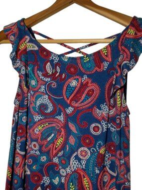 Loft Petites XXSP Mini Dress Blue Pink Paisley Flutter Sleeve Stretch Rayon Sun
